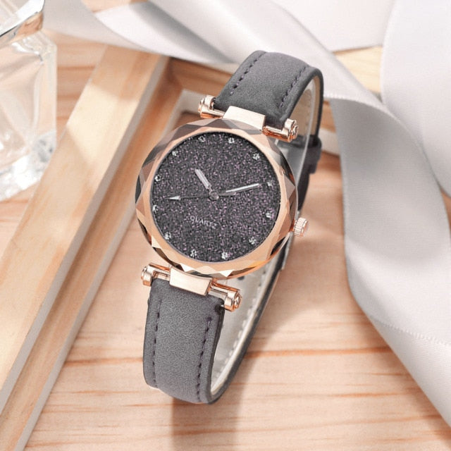 Casual Women Romantic Starry Sky Wrist Watch Bracelet Leather Rhinestone Designer Ladies Clock Simple Dress Gfit Montre Femme