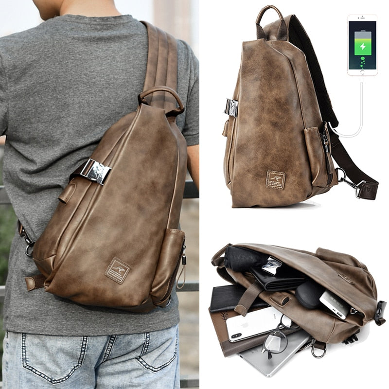 JackKevin Men Multifunction Leather Crossbody Bags USB Charging Chest Pack Short Trip Water Repellent Shoulder Messengers Bag