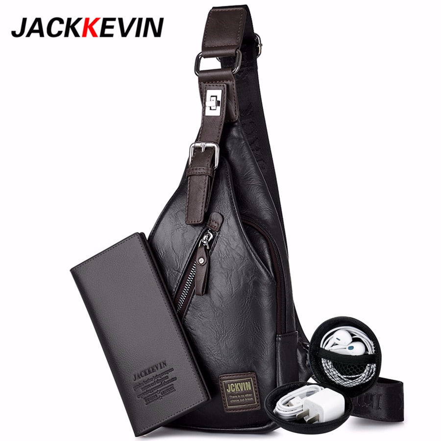 JackKevin Men's Fashion Crossbody Bag Theftproof Rotatable Button Open Leather Chest Bags Men Shoulder Bags Chest Waist Pack