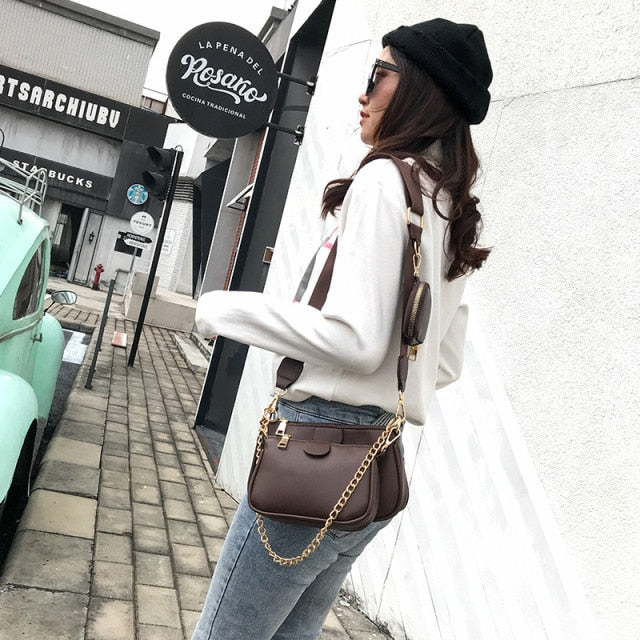 fashion chains women shoulder bags designer wide strap messenger bags luxury pu leather crossbody bag lady small purse 3 bag set