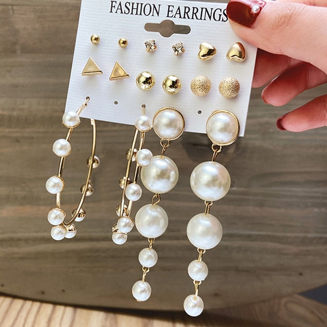 17KM Fashion Pearl Hoop Earrings Set For Women Geometirc Gold Metal Circle Hoop Earrings Brincos 2021 Trend Jewelry Gift