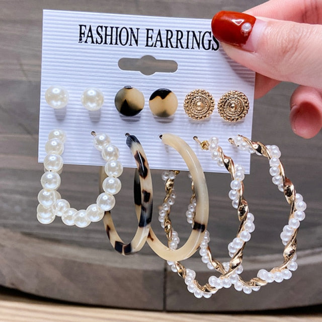 17KM Fashion Pearl Hoop Earrings Set For Women Geometirc Gold Metal Circle Hoop Earrings Brincos 2021 Trend Jewelry Gift