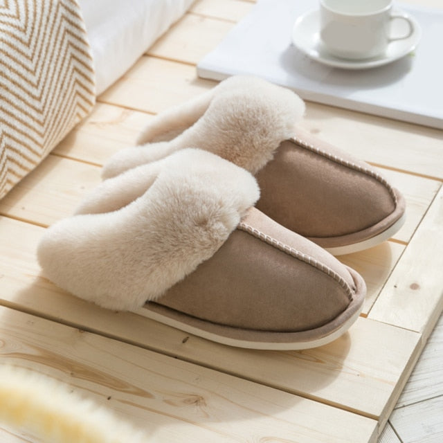 Luxury Faux Suede Home Women Full Fur Slippers Winter Warm Plush Bedroom Non-Slip Couples Shoes Indoor Ladies Furry Slippers