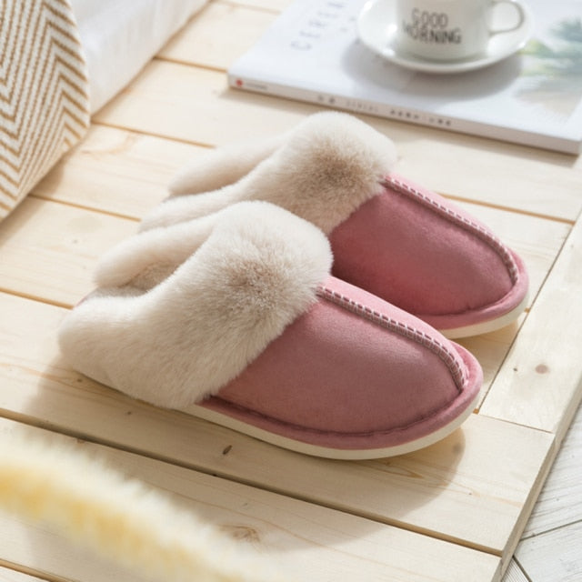 Luxury Faux Suede Home Women Full Fur Slippers Winter Warm Plush Bedroom Non-Slip Couples Shoes Indoor Ladies Furry Slippers