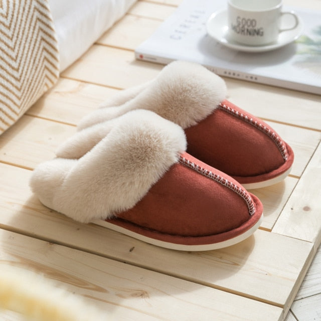 Luxury Faux Suede Home Women Full Fur Slippers Winter Warm Plush Bedroom Non-Slip Couples Shoes Indoor Ladies Furry Slippers