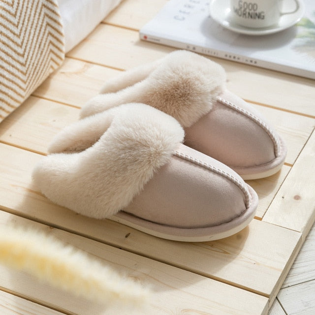 Luxury Faux Suede Home Women Full Fur Slippers Winter Warm Plush Bedroom Non-Slip Couples Shoes Indoor Ladies Furry Slippers