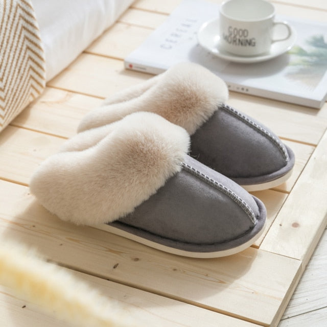 Luxury Faux Suede Home Women Full Fur Slippers Winter Warm Plush Bedroom Non-Slip Couples Shoes Indoor Ladies Furry Slippers