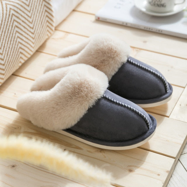 Luxury Faux Suede Home Women Full Fur Slippers Winter Warm Plush Bedroom Non-Slip Couples Shoes Indoor Ladies Furry Slippers