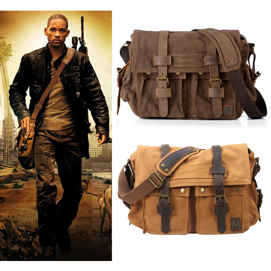 2020 Fashion Vintage Leather Canvas Men's Messenger Bag Cotton Canvas Crossbody Bag Men Shoulder Bag Sling Casual Bag