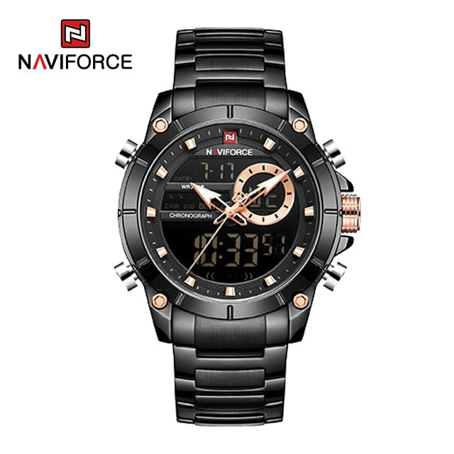 NAVIFORCE Men Military Sport Wrist Watch Gold Quartz Steel Waterproof Dual Display Male Clock Watches Relogio Masculino 9163