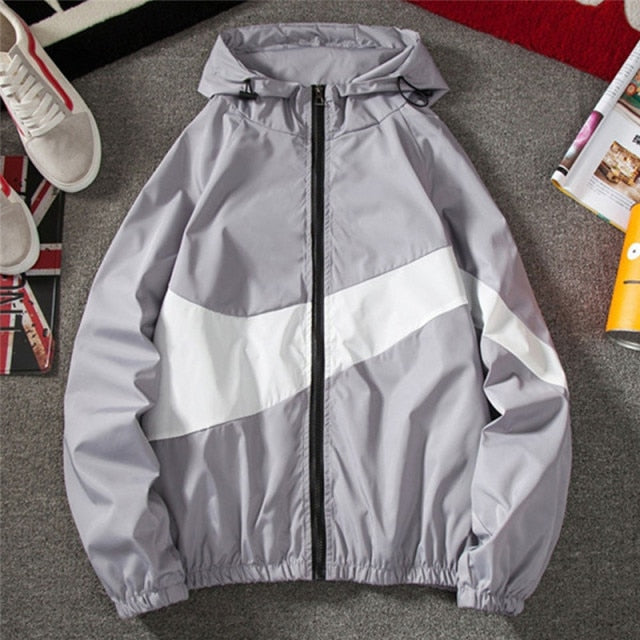 New Men Spring Fall Thin Hoodies Coats Long Sleeves Color Block Zipper Hooded Sweatshirts Jacket Male Black /White/ Gray Outwear