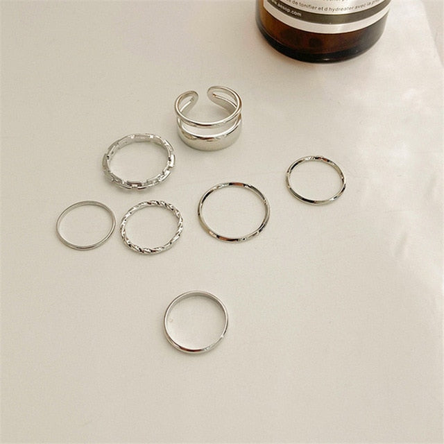 7pcs Fashion Jewelry Rings Set Hot Selling Metal Alloy Hollow Round Opening Women Finger Ring For Girl Lady Party Wedding Gifts