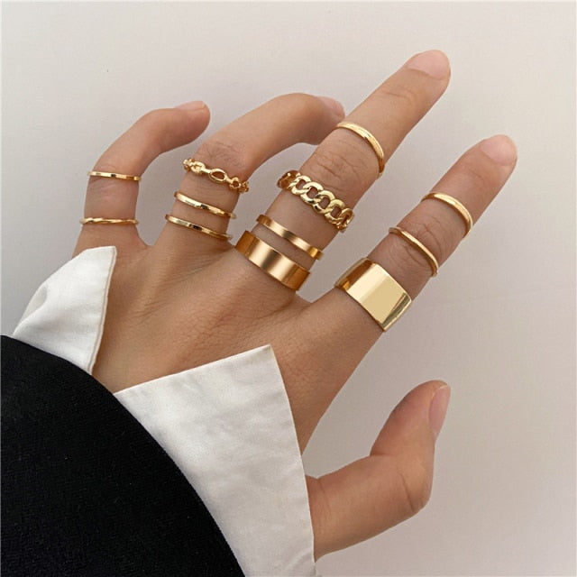 17KM Hiphop Gold Chain Rings Set For Women Girls Punk Geometric Simple Finger Rings 2021 Trend Jewelry Party