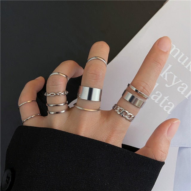 17KM Hiphop Gold Chain Rings Set For Women Girls Punk Geometric Simple Finger Rings 2021 Trend Jewelry Party