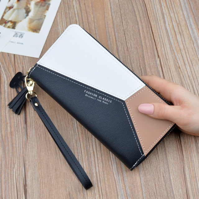 Geometric Luxury Leather Wallets Women Long Zipper Coin Purses Tassel Design Clutch Wallet Female Money Credit Card Holder