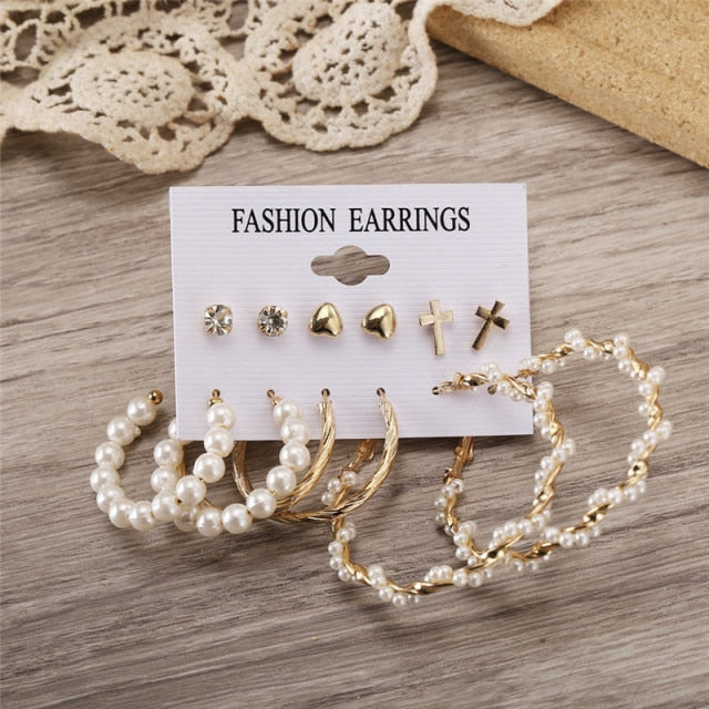 17KM Vintage Geometric Gold Metal Earrings Set For Women Punk Pearl Dangle Drop Earrings 2021 Trend Set of Earrings Jewelry