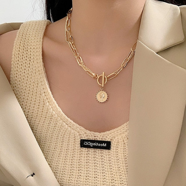 IPARAM Thick Chain Toggle Clasp Gold Necklaces Mixed Linked Circle Necklaces for Women Minimalist Choker Necklace Hot Jewelry