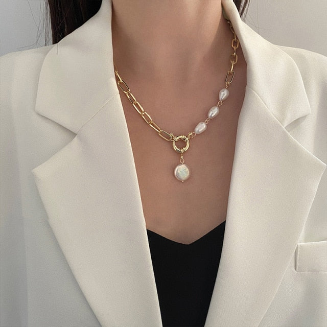 IPARAM Thick Chain Toggle Clasp Gold Necklaces Mixed Linked Circle Necklaces for Women Minimalist Choker Necklace Hot Jewelry