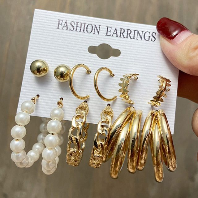 17KM Vintage Geometric Gold Metal Earrings Set For Women Punk Pearl Dangle Drop Earrings 2021 Trend Set of Earrings Jewelry