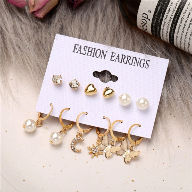 17KM Vintage Geometric Gold Metal Earrings Set For Women Punk Pearl Dangle Drop Earrings 2021 Trend Set of Earrings Jewelry