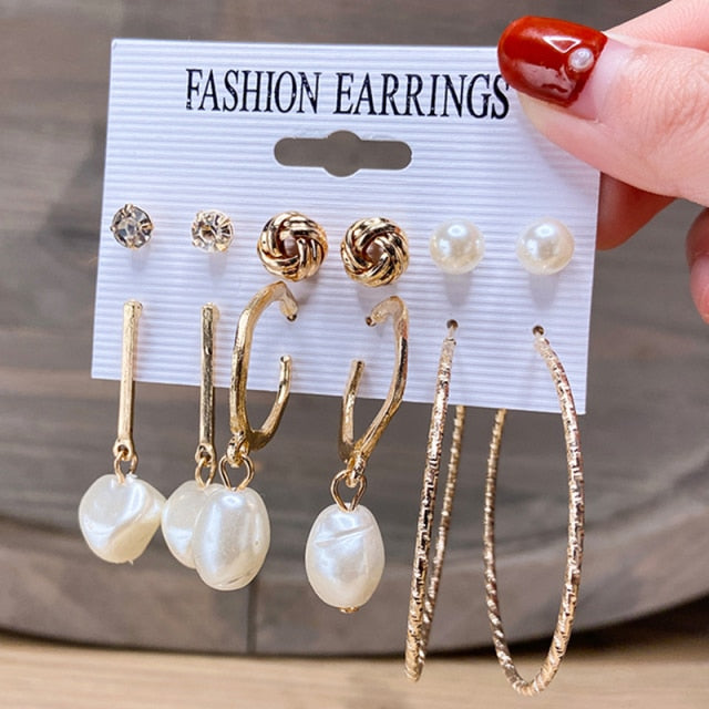 17KM Vintage Geometric Gold Metal Earrings Set For Women Punk Pearl Dangle Drop Earrings 2021 Trend Set of Earrings Jewelry