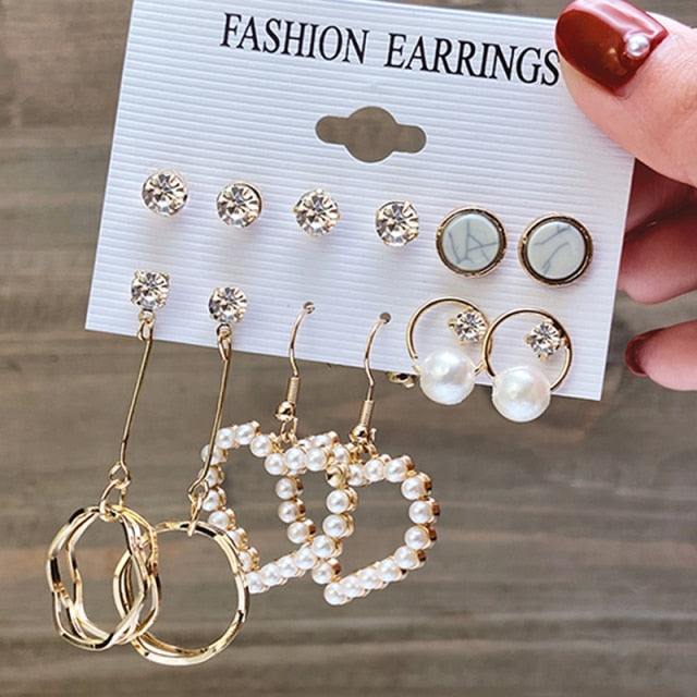 17KM Vintage Geometric Gold Metal Earrings Set For Women Punk Pearl Dangle Drop Earrings 2021 Trend Set of Earrings Jewelry