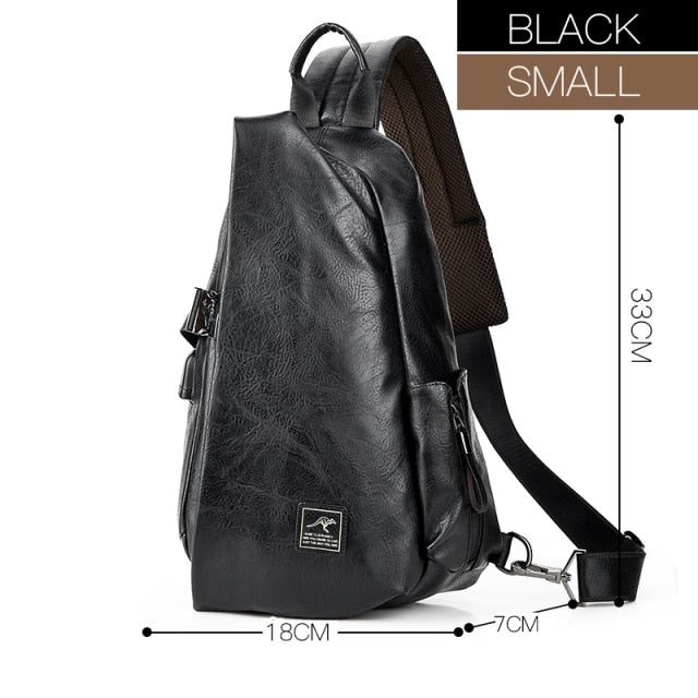 JackKevin Men Multifunction Leather Crossbody Bags USB Charging Chest Pack Short Trip Water Repellent Shoulder Messengers Bag