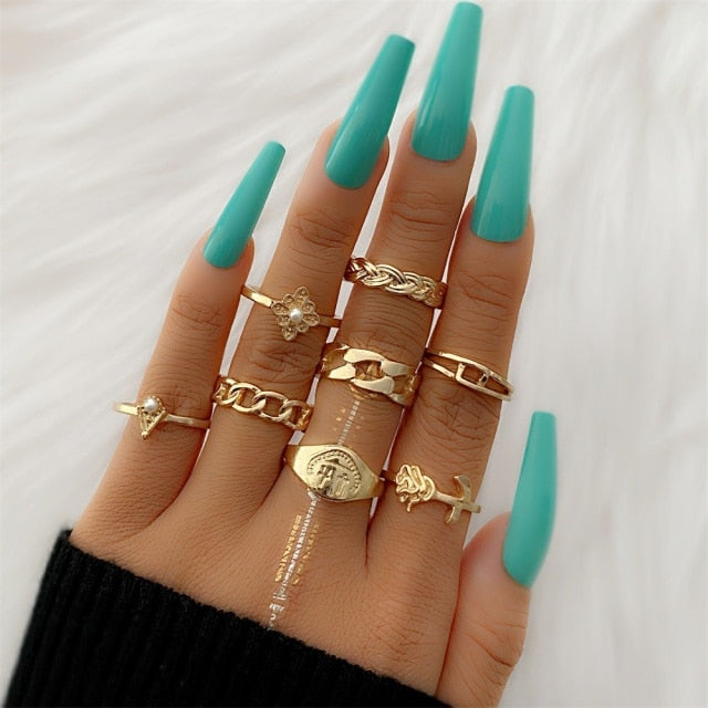 FNIO Bohemian Gold Chain Rings Set For Women Fashion Boho Coin Snake Moon Rings Party 2021 Trend Jewelry Gift