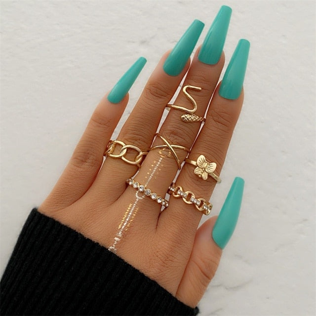 FNIO Bohemian Gold Chain Rings Set For Women Fashion Boho Coin Snake Moon Rings Party 2021 Trend Jewelry Gift