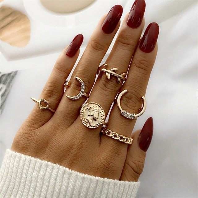 FNIO Bohemian Gold Chain Rings Set For Women Fashion Boho Coin Snake Moon Rings Party 2021 Trend Jewelry Gift