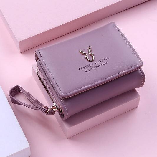 2021 New Wallet Women's Cute Fawn Solid Color Female Bifold Leather PU Purses Girls Short Holder Card Pocket Multif Coin Bags