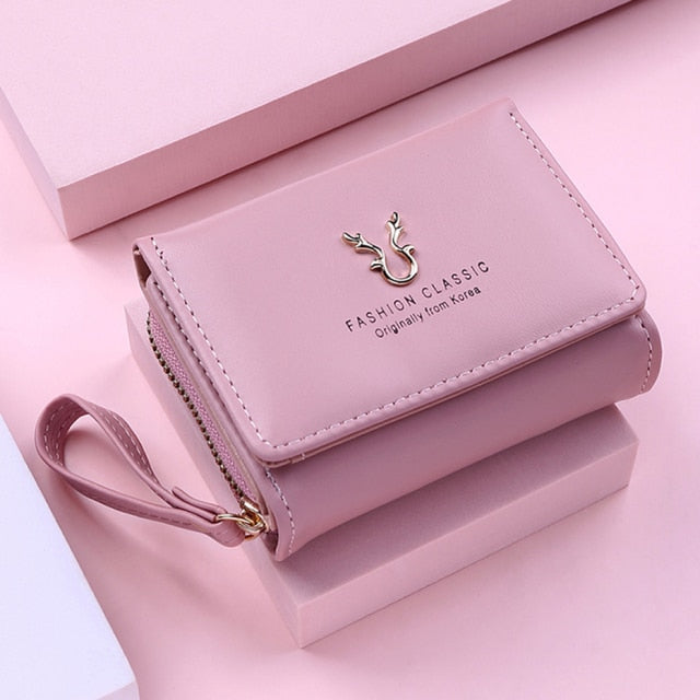 2021 New Wallet Women's Cute Fawn Solid Color Female Bifold Leather PU Purses Girls Short Holder Card Pocket Multif Coin Bags