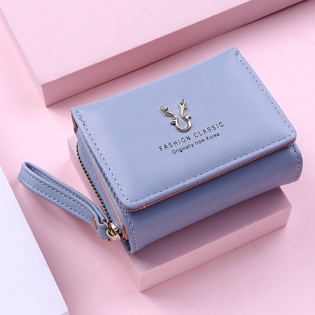 2021 New Wallet Women's Cute Fawn Solid Color Female Bifold Leather PU Purses Girls Short Holder Card Pocket Multif Coin Bags