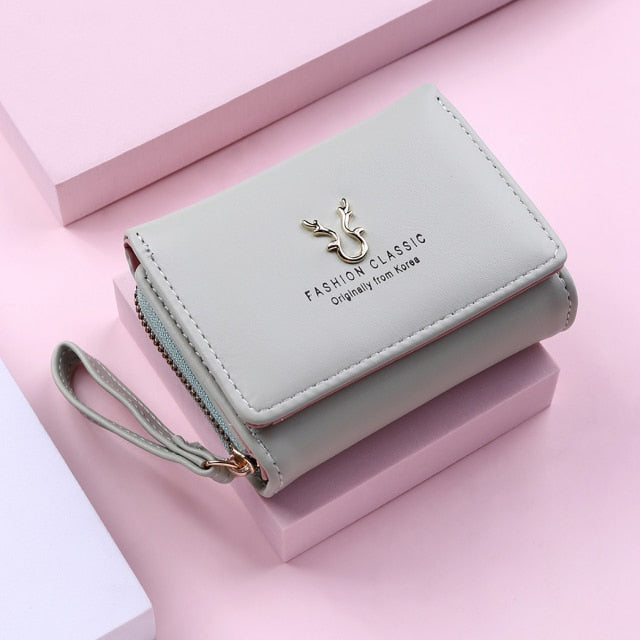 2021 New Wallet Women's Cute Fawn Solid Color Female Bifold Leather PU Purses Girls Short Holder Card Pocket Multif Coin Bags