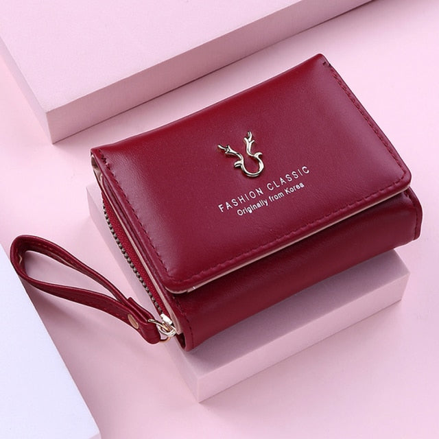 2021 New Wallet Women's Cute Fawn Solid Color Female Bifold Leather PU Purses Girls Short Holder Card Pocket Multif Coin Bags