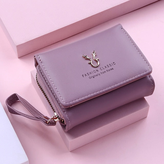 2021 New Wallet Women's Cute Fawn Solid Color Female Bifold Leather PU Purses Girls Short Holder Card Pocket Multif Coin Bags