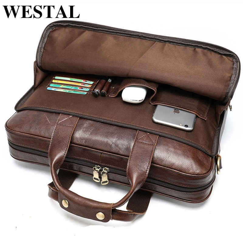 WESTAL Men's Leather Bag Men's Briefcase Office Bags for Men Bag Man's Genuine Leather Laptop Bags Male Totes Briefcase Handbag