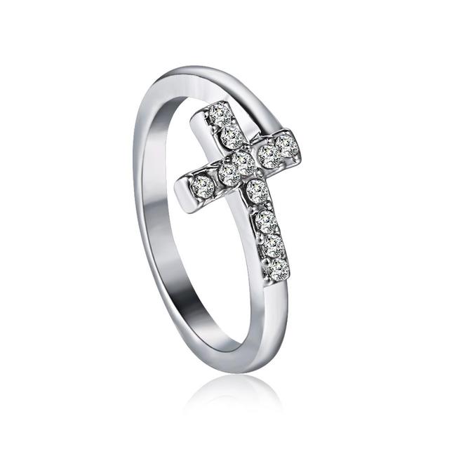 1PC Silver Color Alloy Rhinestone Cross Ring Geometric Heart Adjustable Opening Rings For Women Fashion Jewelry Gift