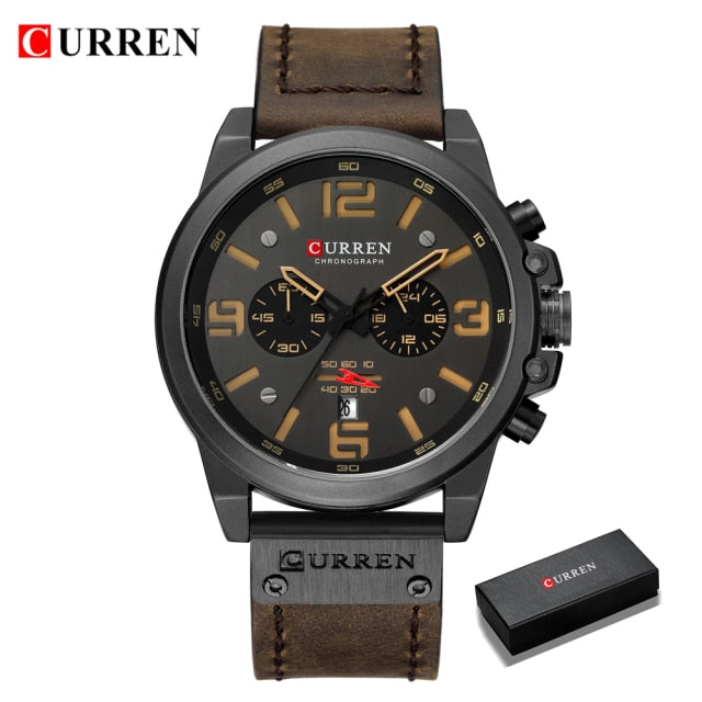 CURREN Mens Watches Top Luxury Brand Waterproof Sport Wrist Watch Chronograph Quartz Military Genuine Leather Relogio Masculino