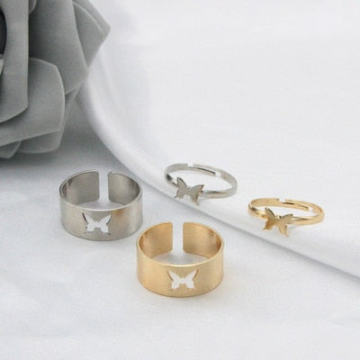 Silver Color Butterfly Rings For Women Men Lover Couple Ring Set Friendship Engagement Wedding Band Open Ring 2021 Trend Jewelry