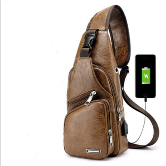 2021 New Crossbody Chest Bags Men USB Charging Headphone Plug Waist Bags PU Leather and Canvas Shoulder Bag Boy Diagonal Package