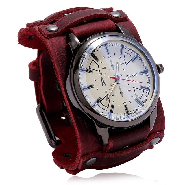 Jessingshow Men Watch Luxury Wristwatch Quartz Wristwatches Fashion Blue Glass Punk Style Mens Watches Wide Leather Bracelets