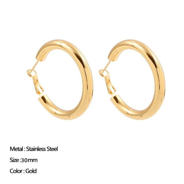 Classic Stainless Steel Ear Buckle for Women Trendy Gold Color Small Large Circle Hoop Earrings Punk Hip Hop Jewelry Accessories