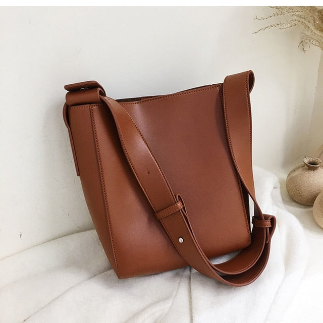 casual wide strap bucket bag designer women shoulder bags luxury pu crossbody bag large capacity messenger bag simply purse 2021