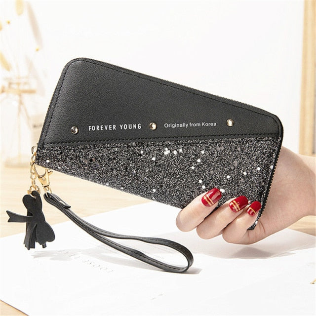 Patchwork Diamonds PU Leather Forever Young Wallet Fashionable Large Capacity Zippered Ladies' Purse