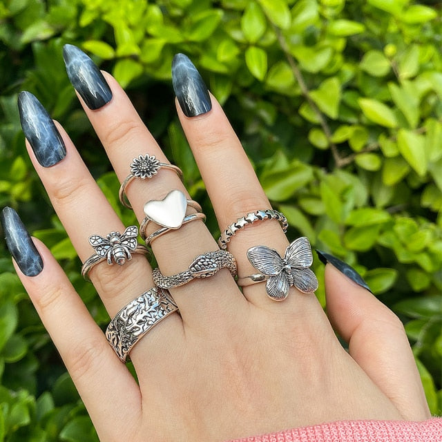 Vintage Silver Plated Angel Wings Ring for Womens Gothic Punk Steampunk Heart Butterfly Skull Ring Sets Party Jewelry 2021