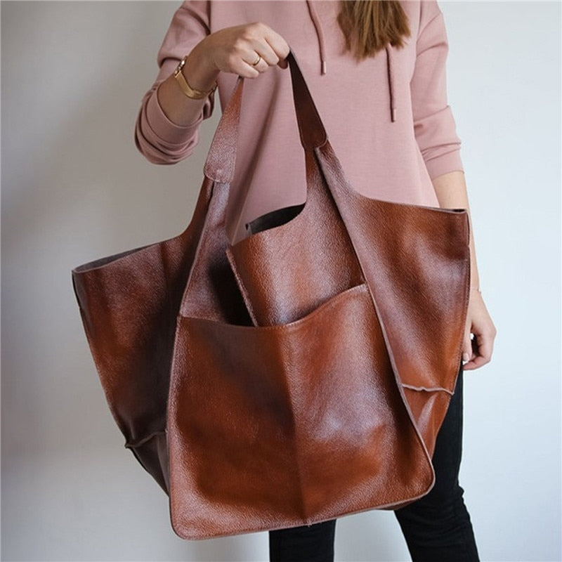 Casual Soft Large Capacity Tote Luxury Bag Women Handbags Designer Look Pu Leather Women's Shoulder Bag Retro Big Shopper Purses