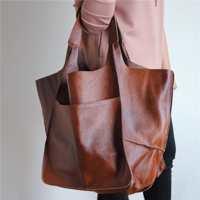 Casual Soft Large Capacity Tote Luxury Bag Women Handbags Designer Look Pu Leather Women's Shoulder Bag Retro Big Shopper Purses