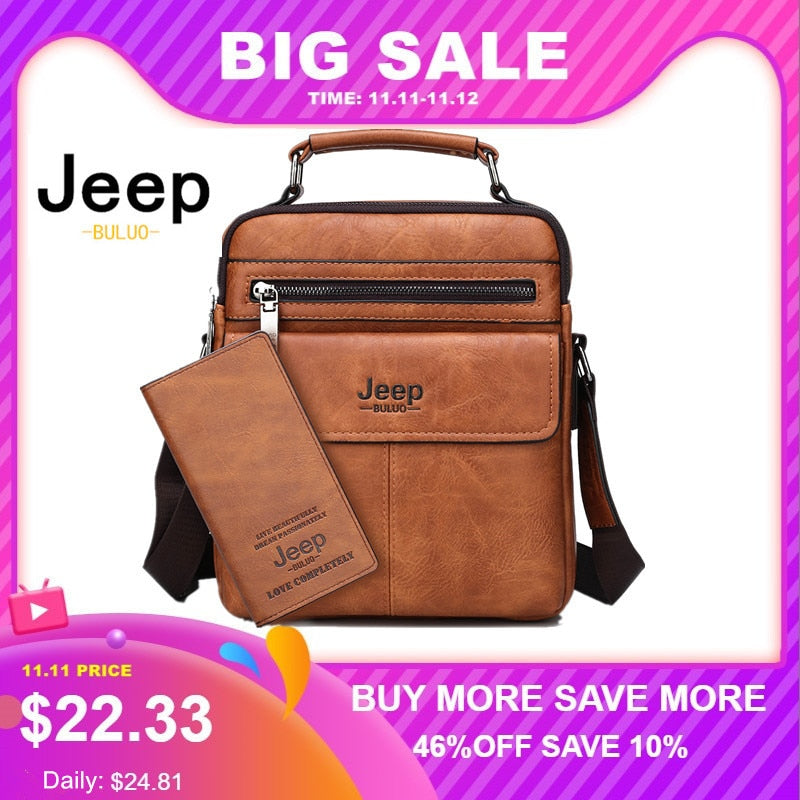 JEEP BULUO Brand Men's Crossbody Shoulder Bags High quality Tote Fashion Business Man Messenger Bag Big Size Split Leather Bags