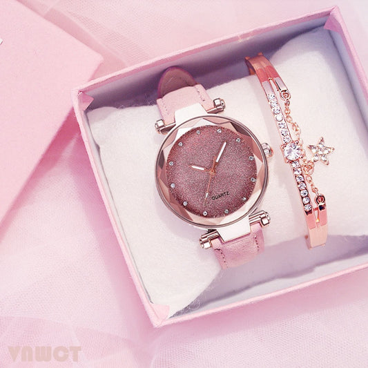 Casual Women Romantic Starry Sky Wrist Watch Bracelet Leather Rhinestone Designer Ladies Clock Simple Dress Gfit  Montre Femme